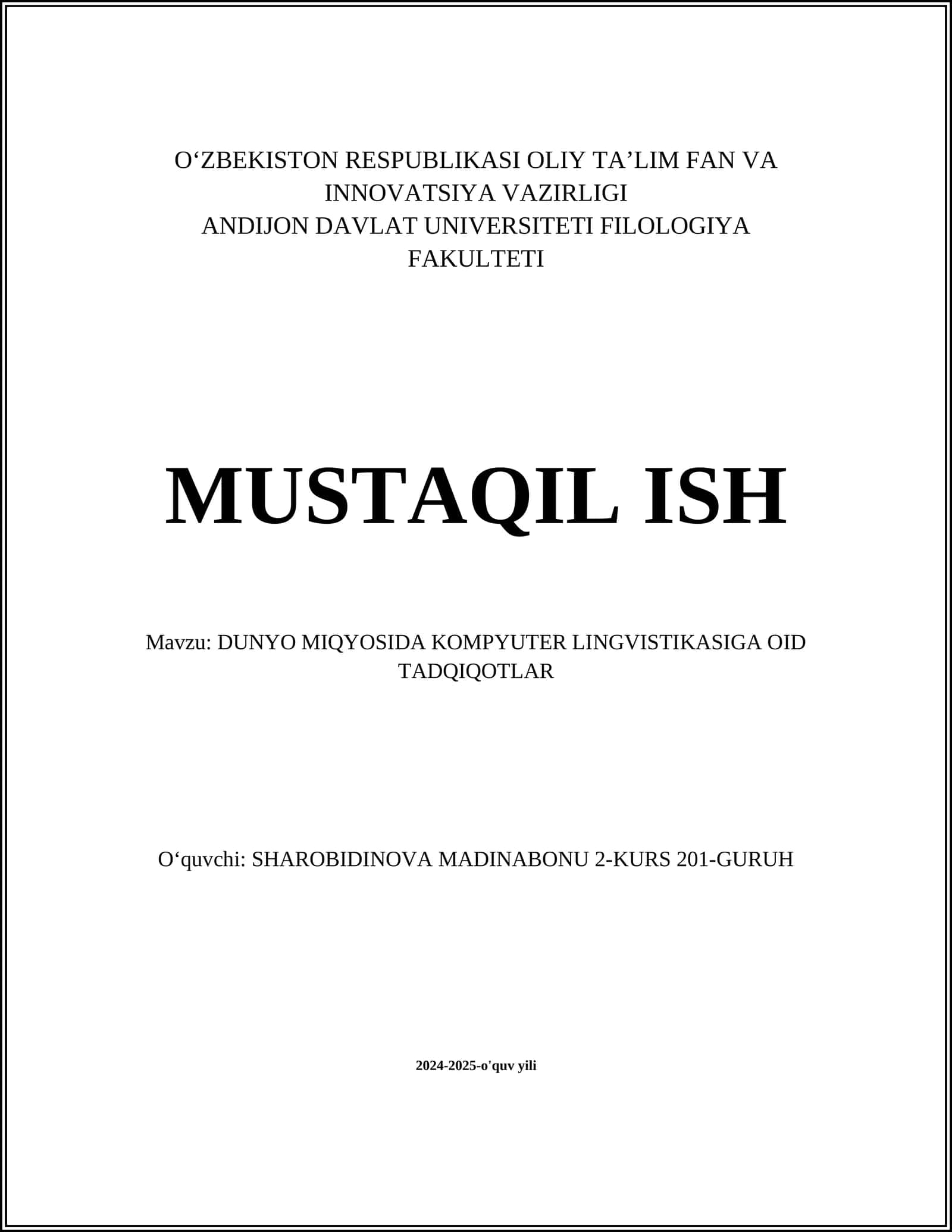 DUNYO MIQYOSIDA KOMPYUTER LINGVISTIKASIGA OID TADQIQOTLAR