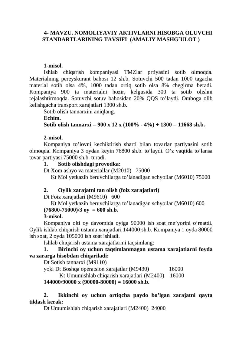 MAVZU. NOMOLIYAVIY AKTIVLARNI HISOBGA OLUVCHI STANDARTLARINING TAVSIFI (AMALIY MASHG`ULOT)
