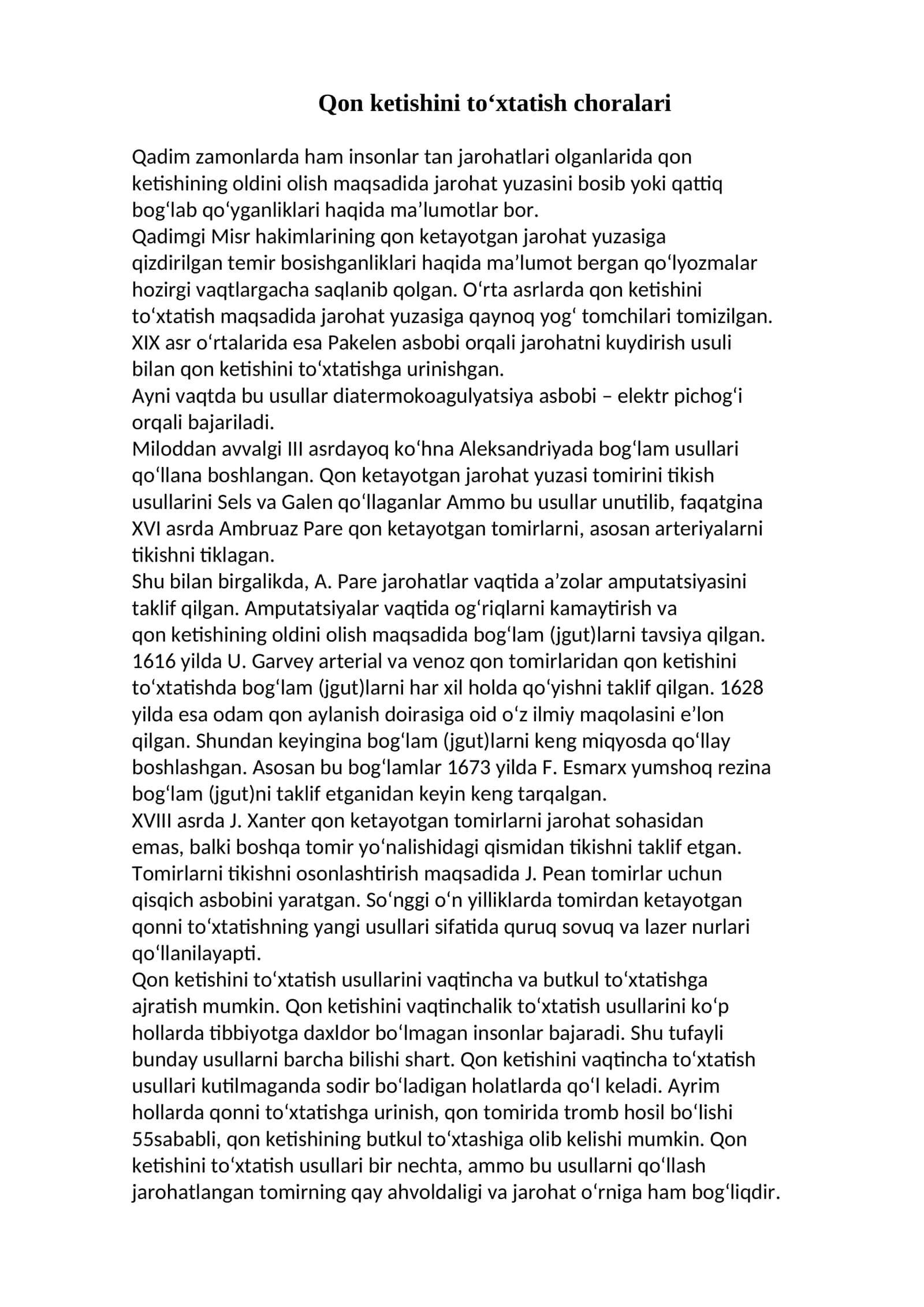 Qon ketishini to‘xtatish choralari