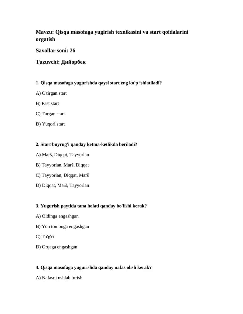 Qisqa masofaga yugirish texnikasini va start qoidalarini orgatish