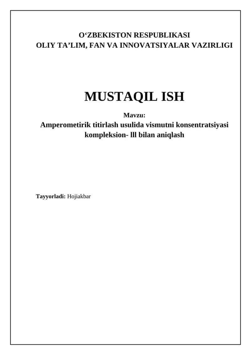 Amperometrik titirlash usulida vismutni konsentratsiyasi kompleksion- lll bilan aniqlash