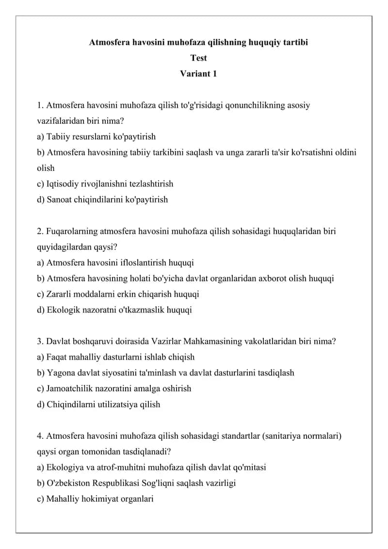 Atmosfera havosini muhofaza qilishning huquqiy tartibi