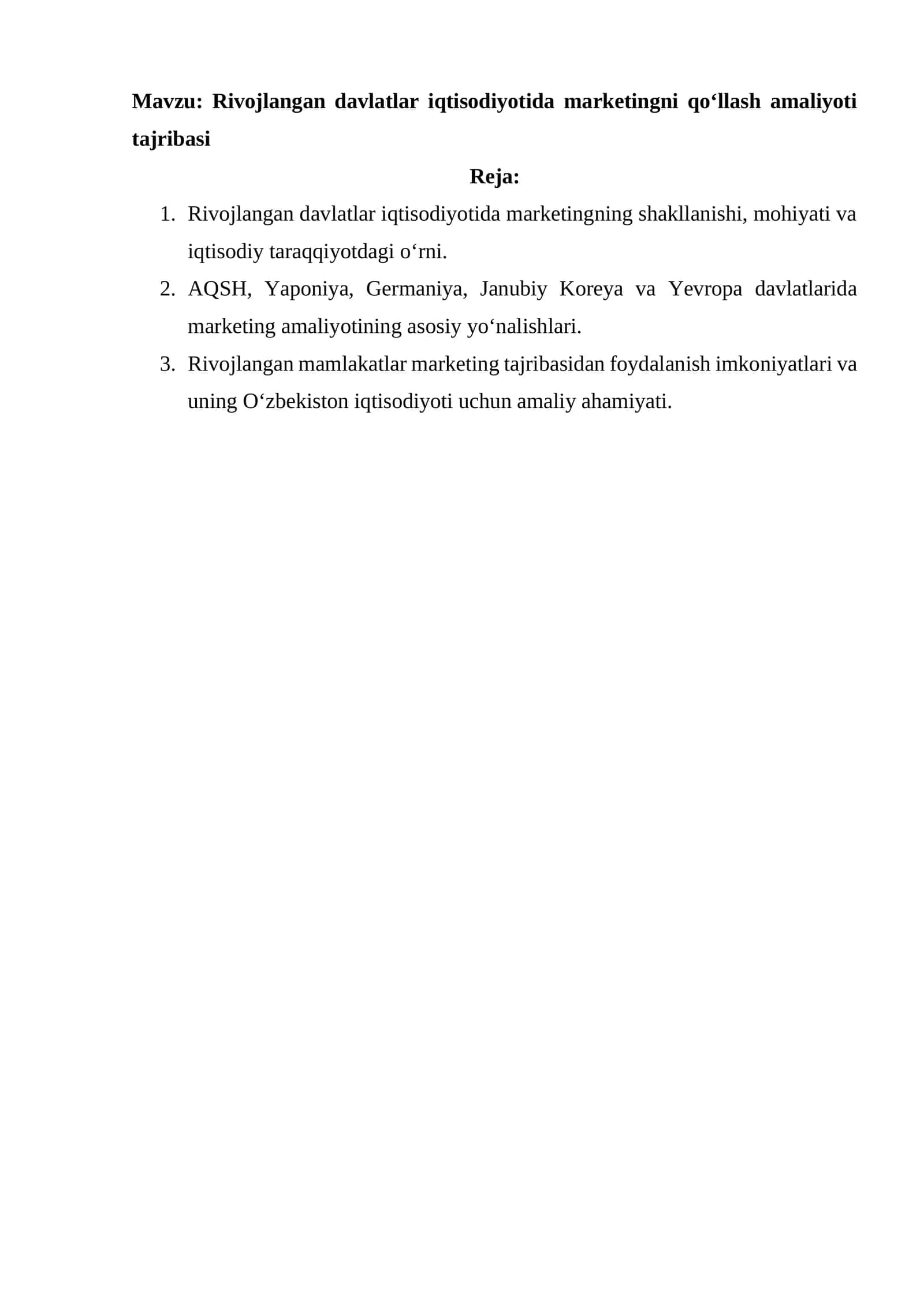 Rivojlangan davlatlar iqtisodiyotida marketingni qo‘llash amaliyoti tajribasi