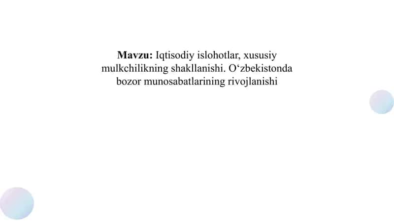 Iqtisodiy islohotlar, xususiy mulkchilikning shakllanishi. O‘zbekistonda bozor munosabatlarining rivojlanishi