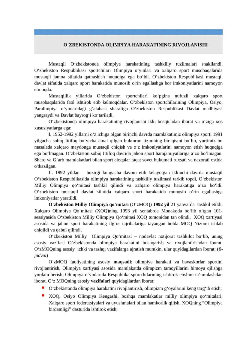 O‘zbekistonda olimpiya harakatining rivojlanishi