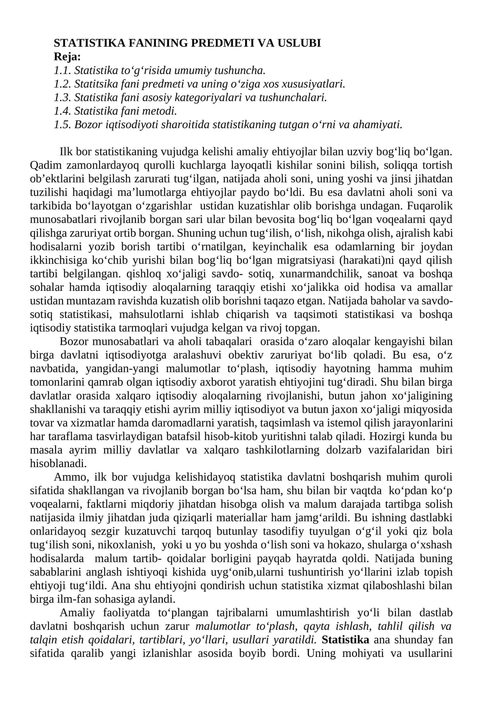 STATISTIKA FANINING PREDMETI VA USLUBI