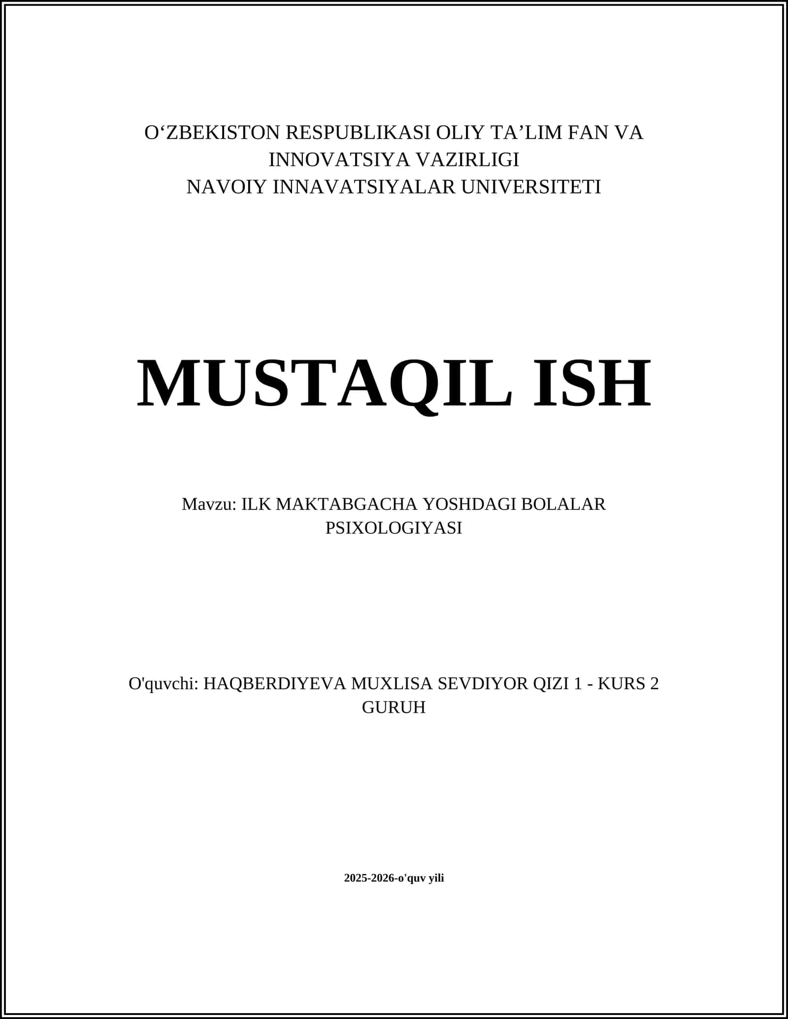 ILK MAKTABGACHA YOSHDAGI BOLALAR PSIXOLOGIYASI