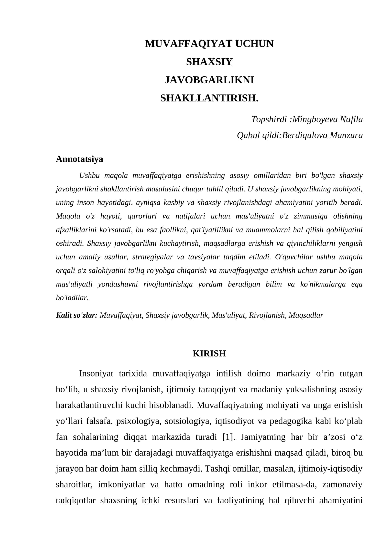 SHAXSIY JAVOBGARLIKNI SHAKLLANTIRISH