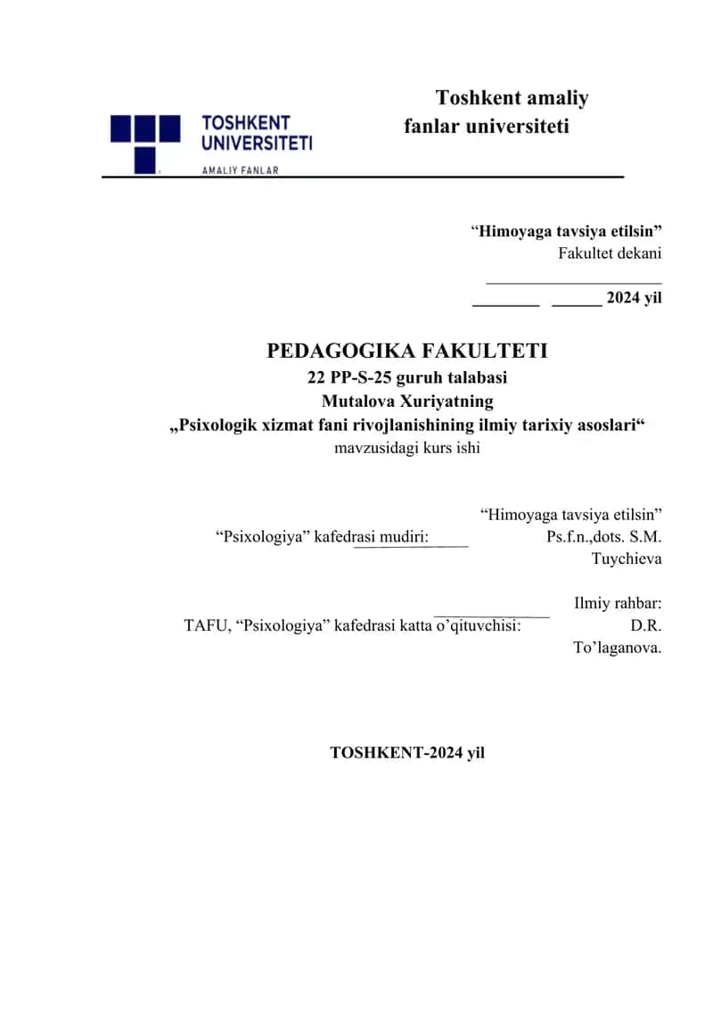 Psixologik xizmat fani rivojlanishining ilmiy tarixiy asoslari