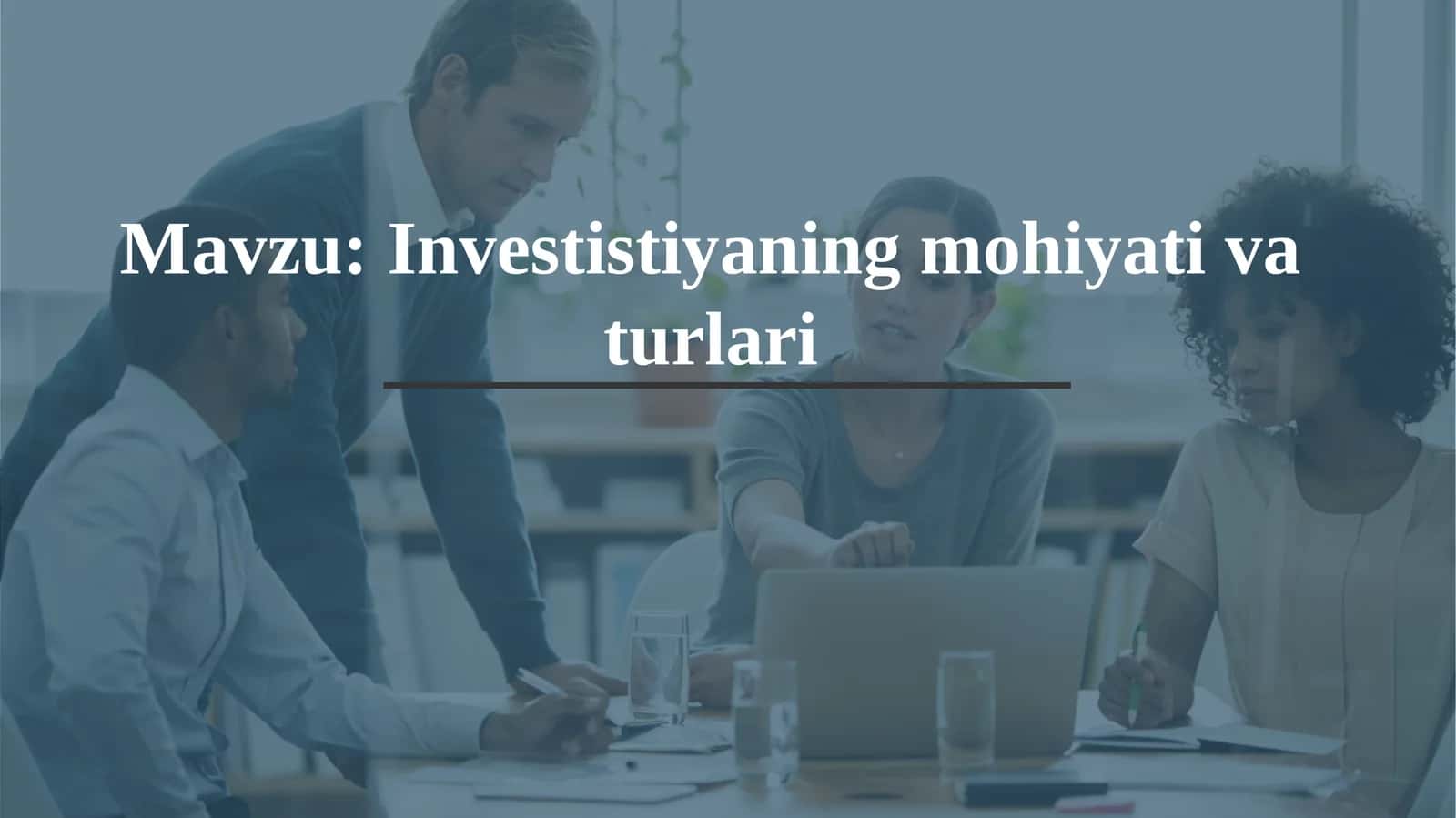 Investitsiya(lotincha:investio— „oʻrash“)—iqtisodiyotnirivojlantirishmaqsadidaoʻzmamlakatidayokichetellardaturlitarmoqlarga,ijtimoiy-iqtisodiydasturlarga,innovatsiya,tadbirkorlikloyihalarigauzoq,muddatlikapitalkiritish