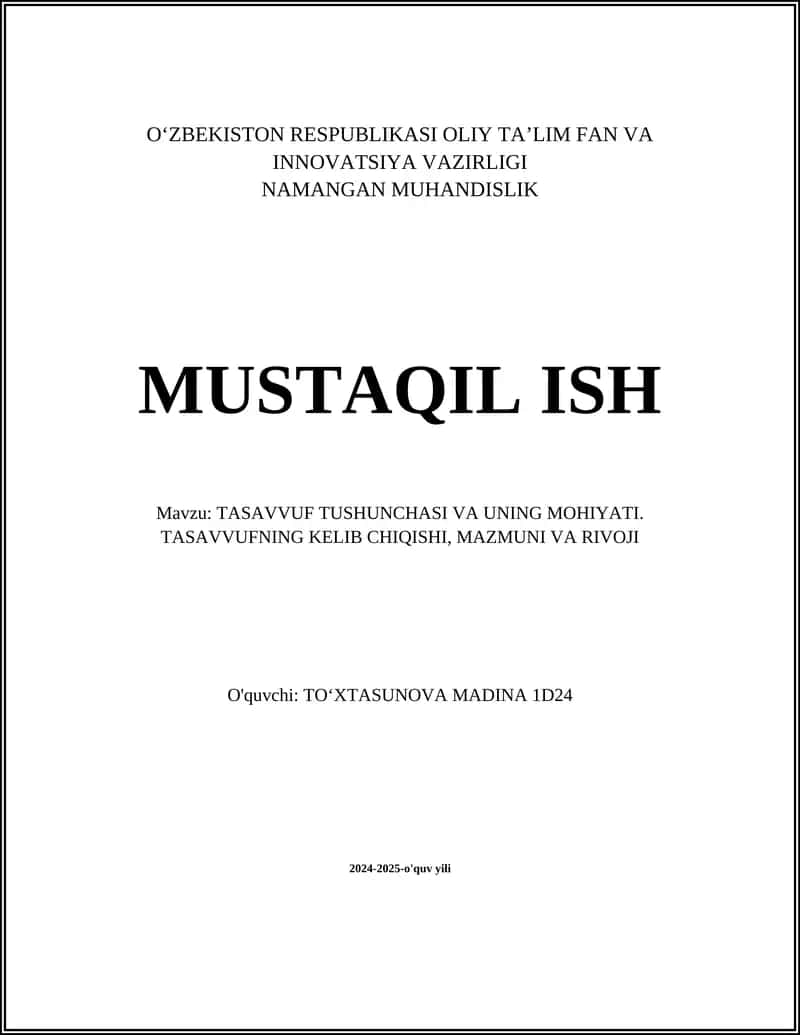 TASAVVUF TUSHUNCHASI VA UNING MOHIYATI
