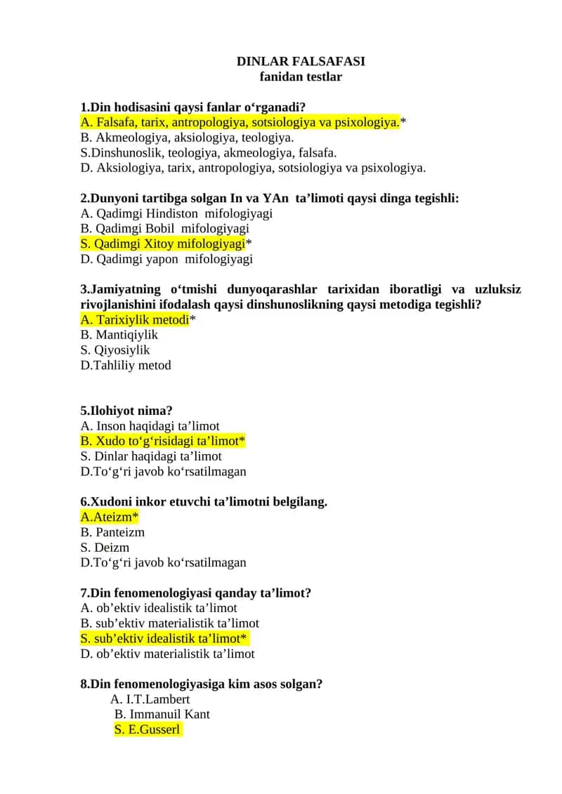DINLAR FALSAFASI fanidan testlar