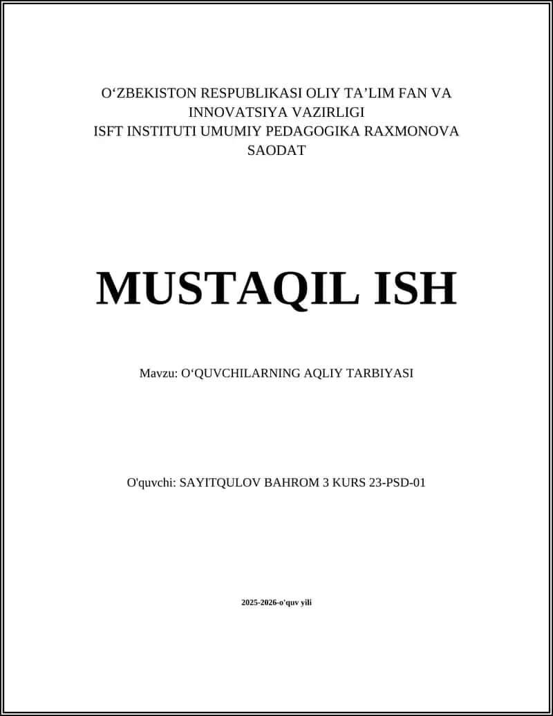 OʻQUVCHILARNING AQLIY TARBIYASI