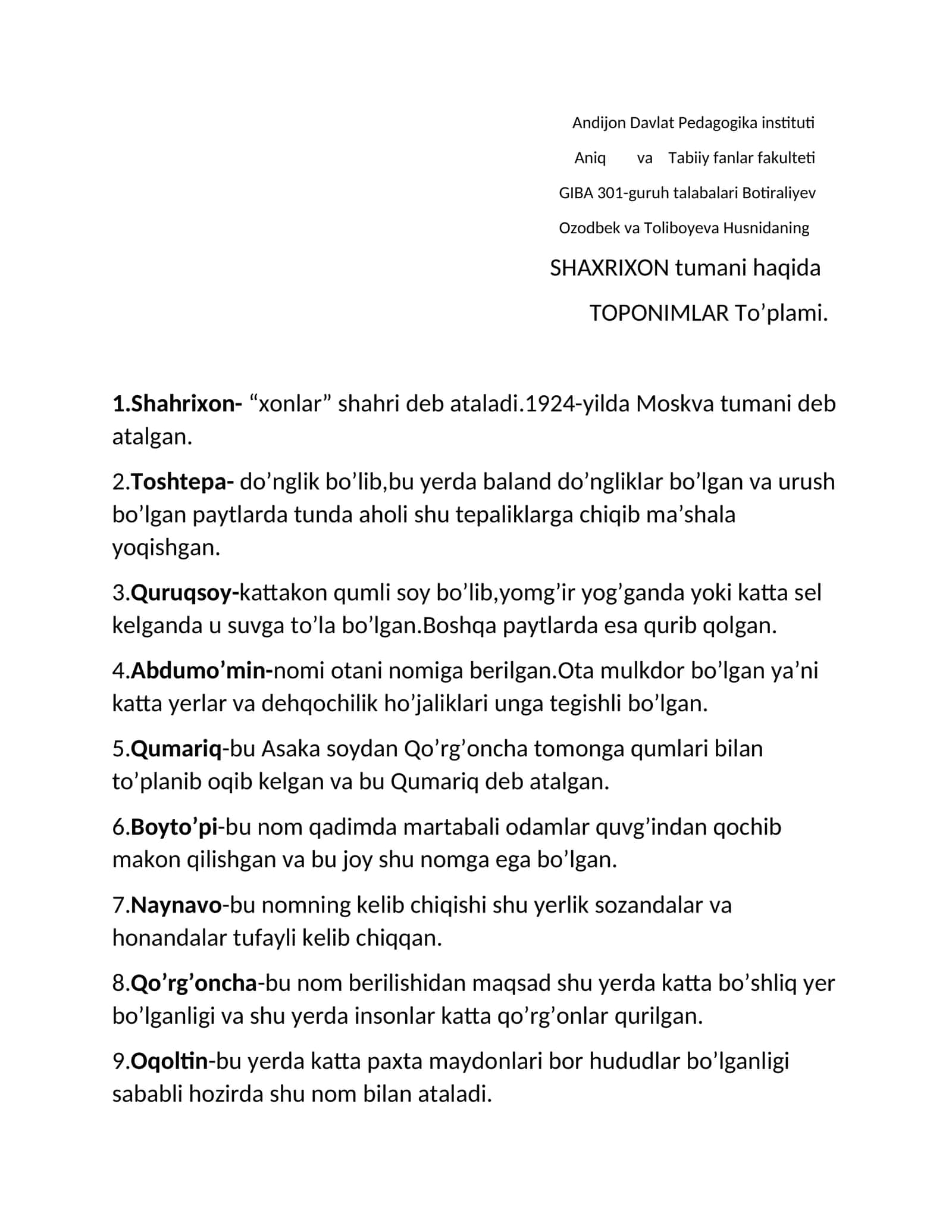 TOPONIMLAR To’plami
