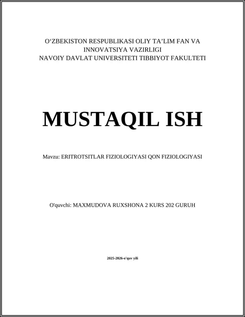 ERITROTSITLAR FIZIOLOGIYASI QON FIZIOLOGIYASI