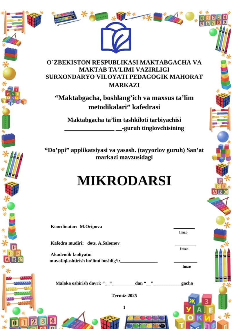 “Doʼppi” applikatsiyasi va yasash. (tayyorlov guruh) Sanʼat markazi