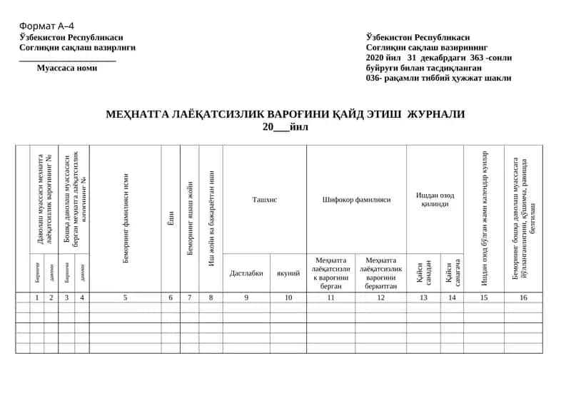 Меҳнатга лаёқатсизлик вароғини қайд этиш журнали