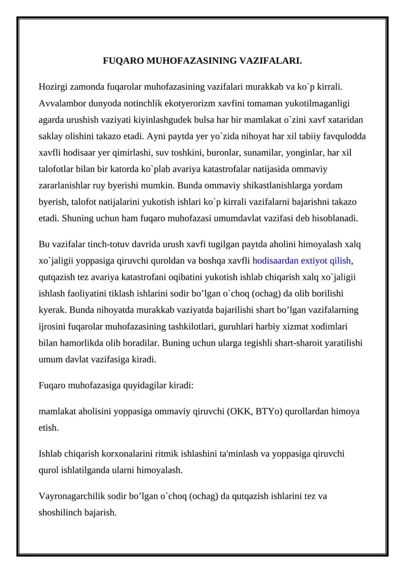 Fuqaro muhofazasining vazifalari.