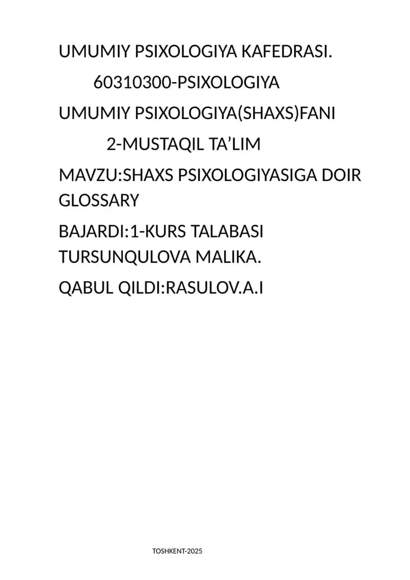 Shaxs Psixologiyasiga Doir Glossary