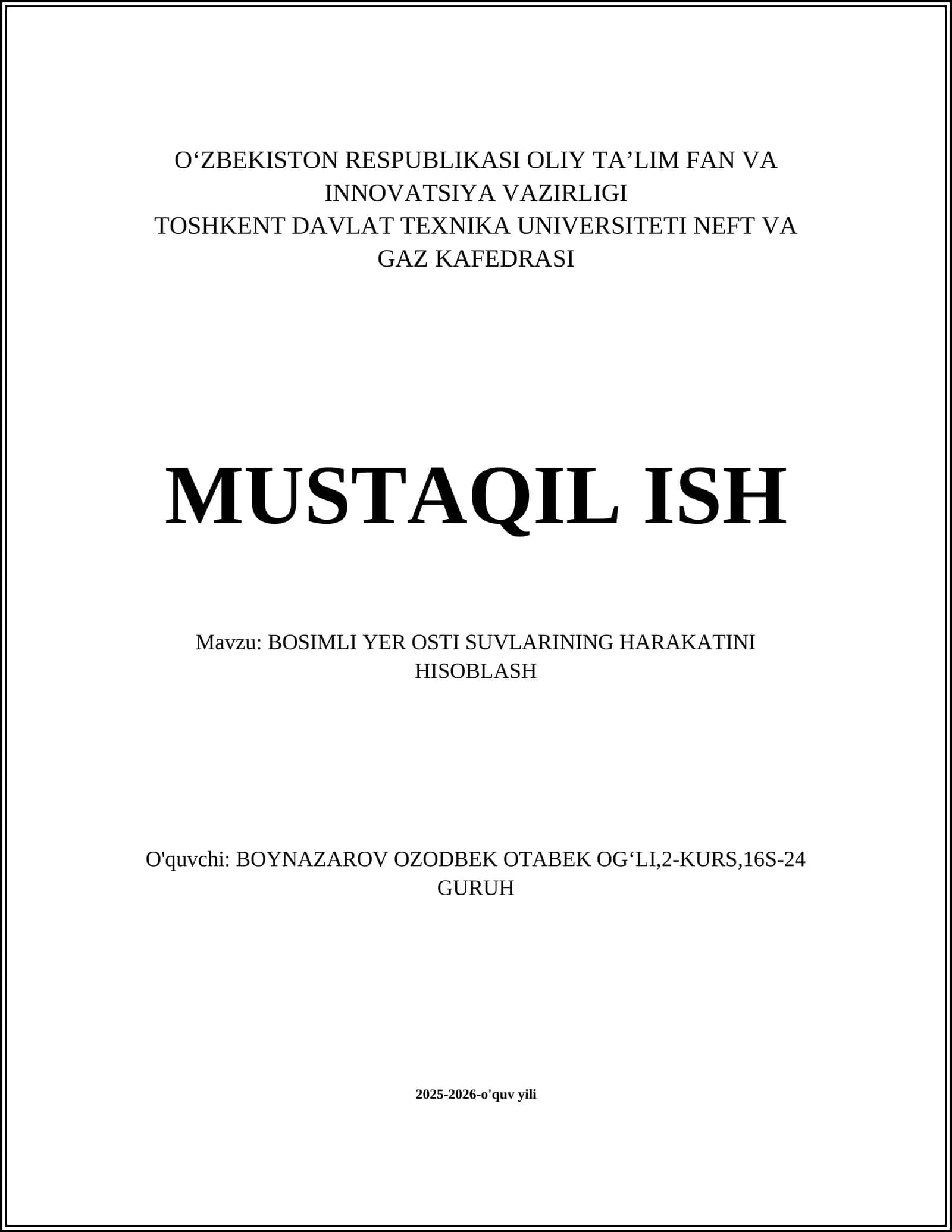 BOSIMLI YER OSTI SUVLARINING HARAKATINI HISOBLESH