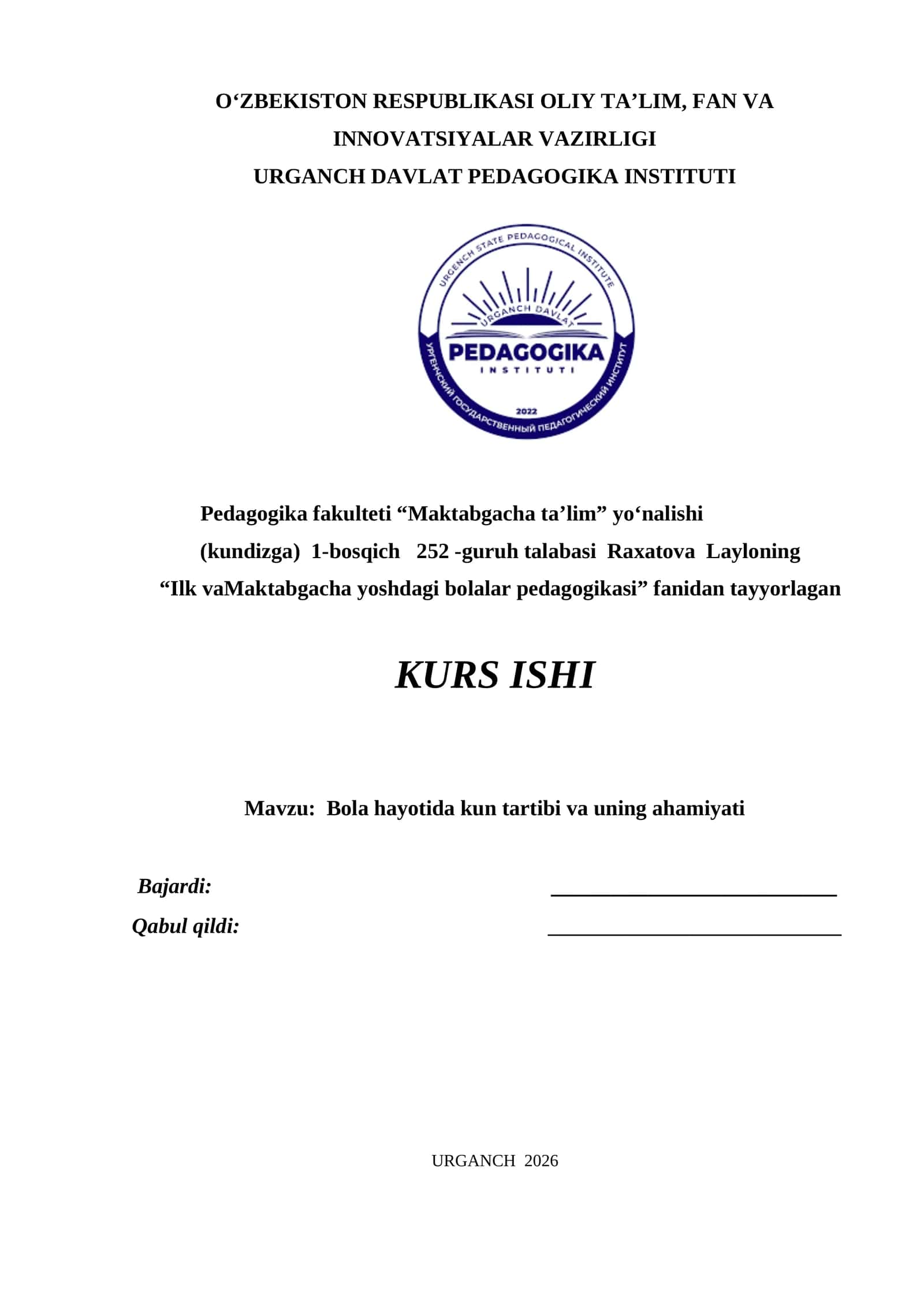 Bola hayotida kun tartibi va uning ahamiyati
