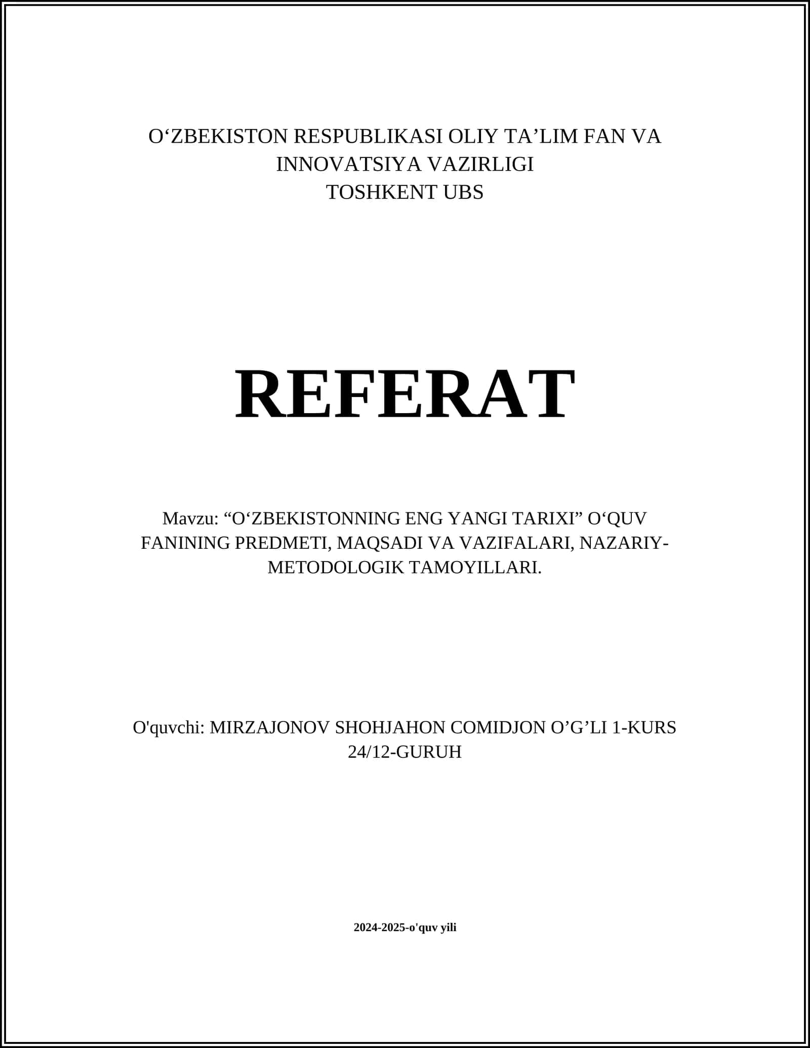 "O‘zbekistonning eng yangi tarixi" fani