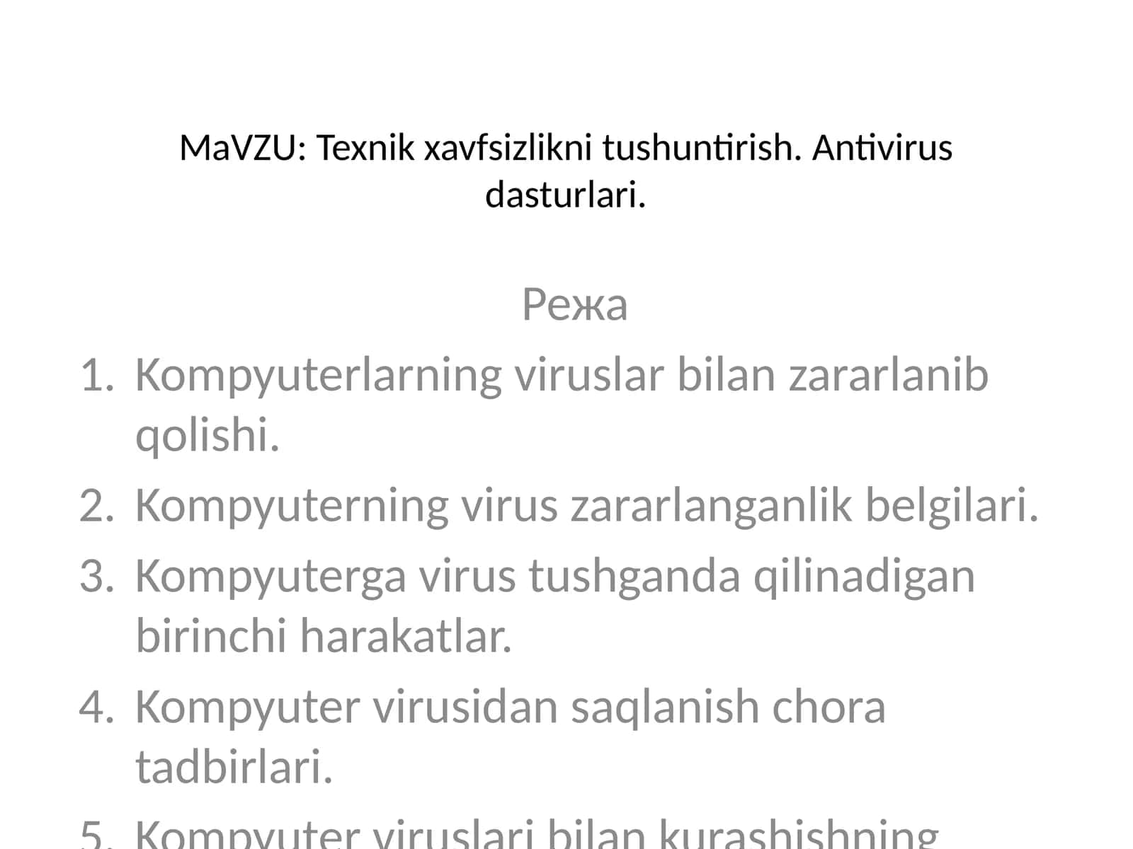 MaVZU: Texnik xavfsizlikni tushuntirish. Antivirus dasturlari