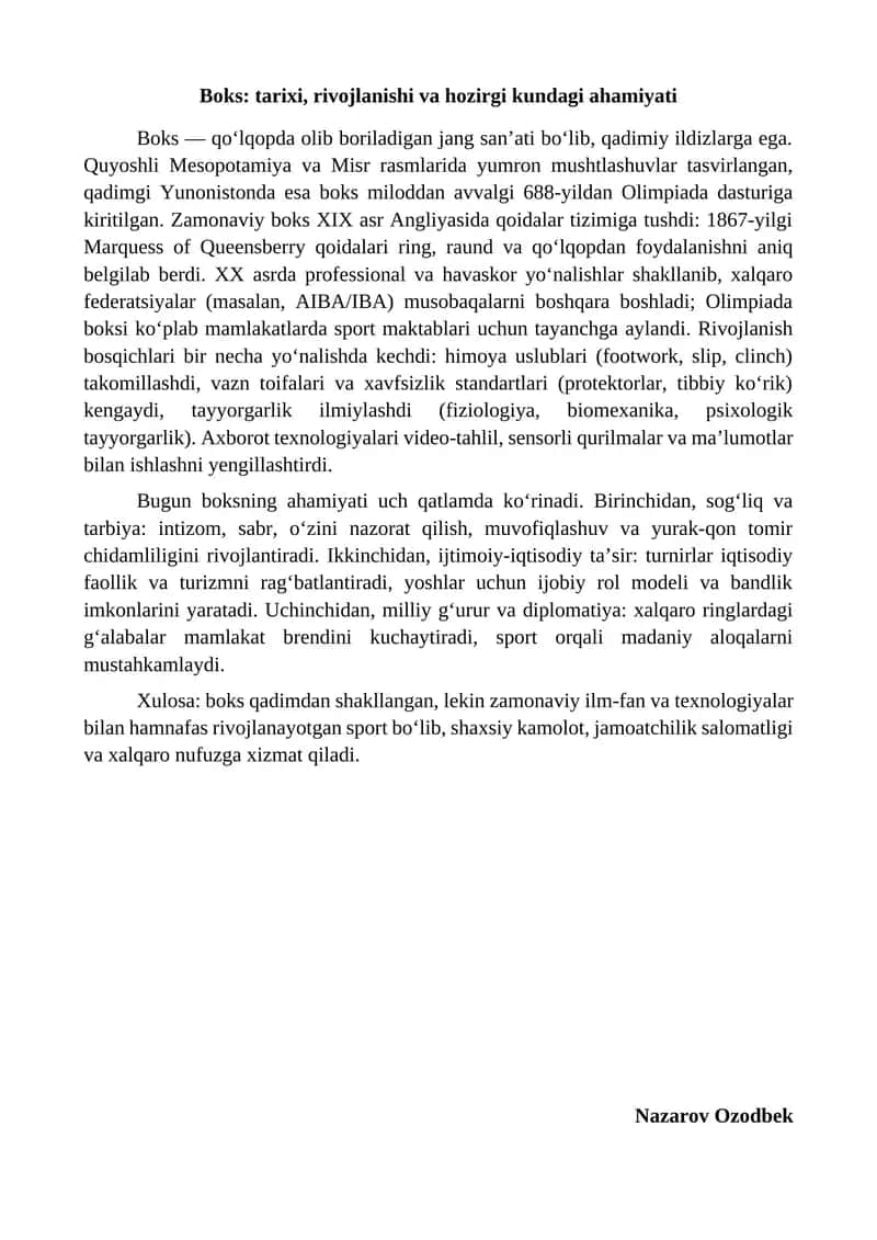 Boks: tarixi, rivojlanishi va hozirgi kundagi ahamiyati