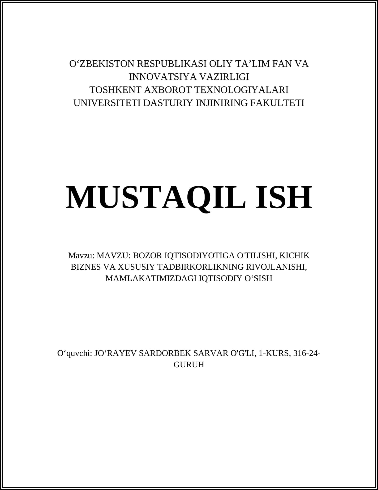 BOZOR IQTISODIYOTIGA O'TILISHI, KICHIK BIZNES VA XUSUSIY TADBIRKORLIKNING RIVOJLANISHI