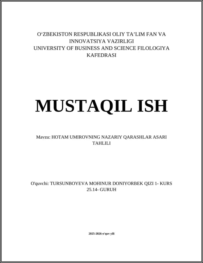 HOTAM UMIROVNING NAZARIY QARASHLAR ASARI TAHLILI