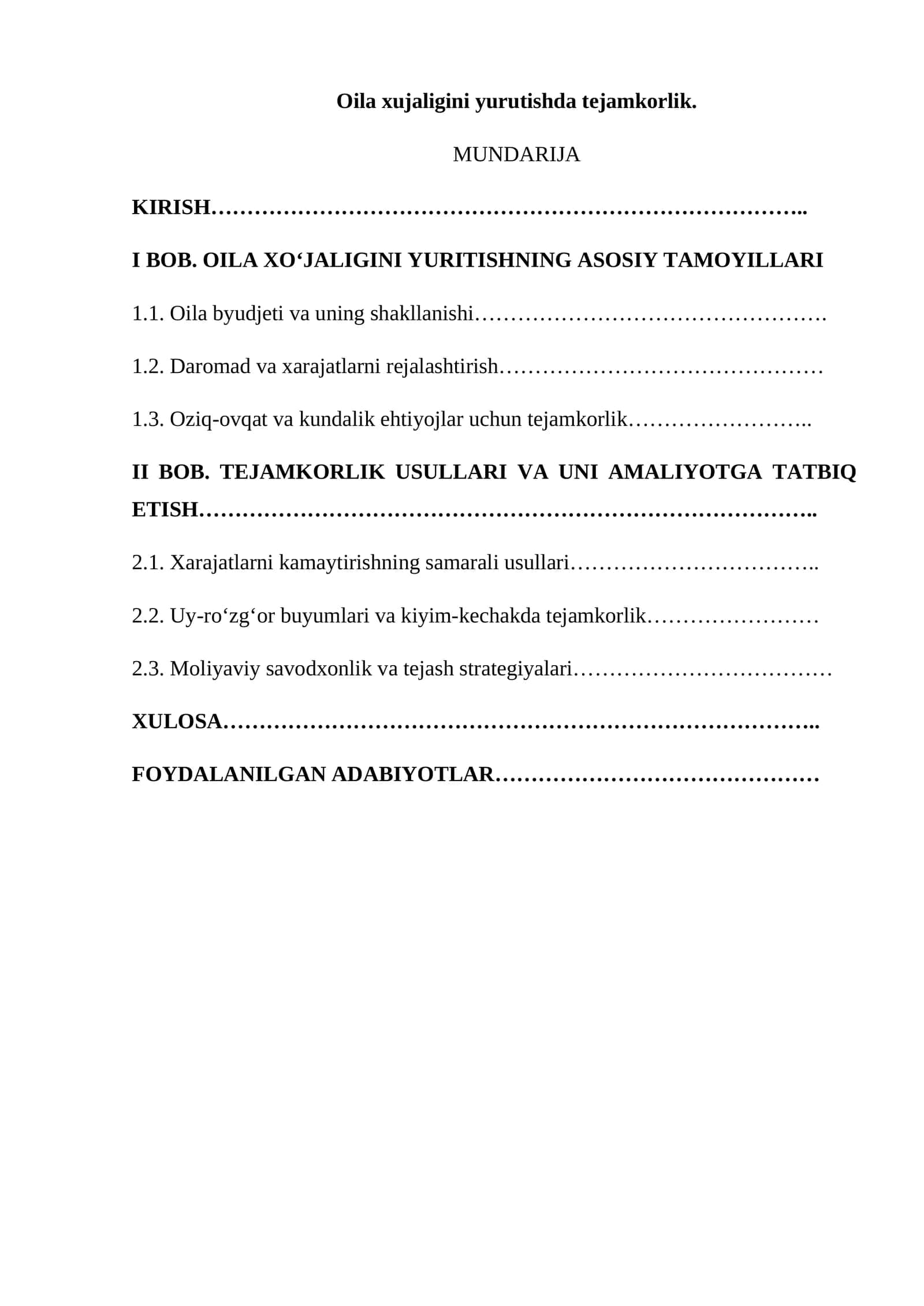 Oila xujaligini yurutishda tejamkorlik