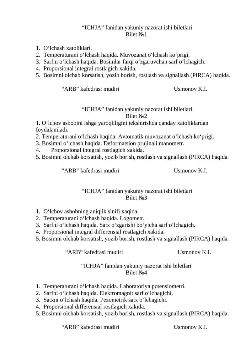 "ICHJA" fanidan yakuniy nazorat ishi biletlari