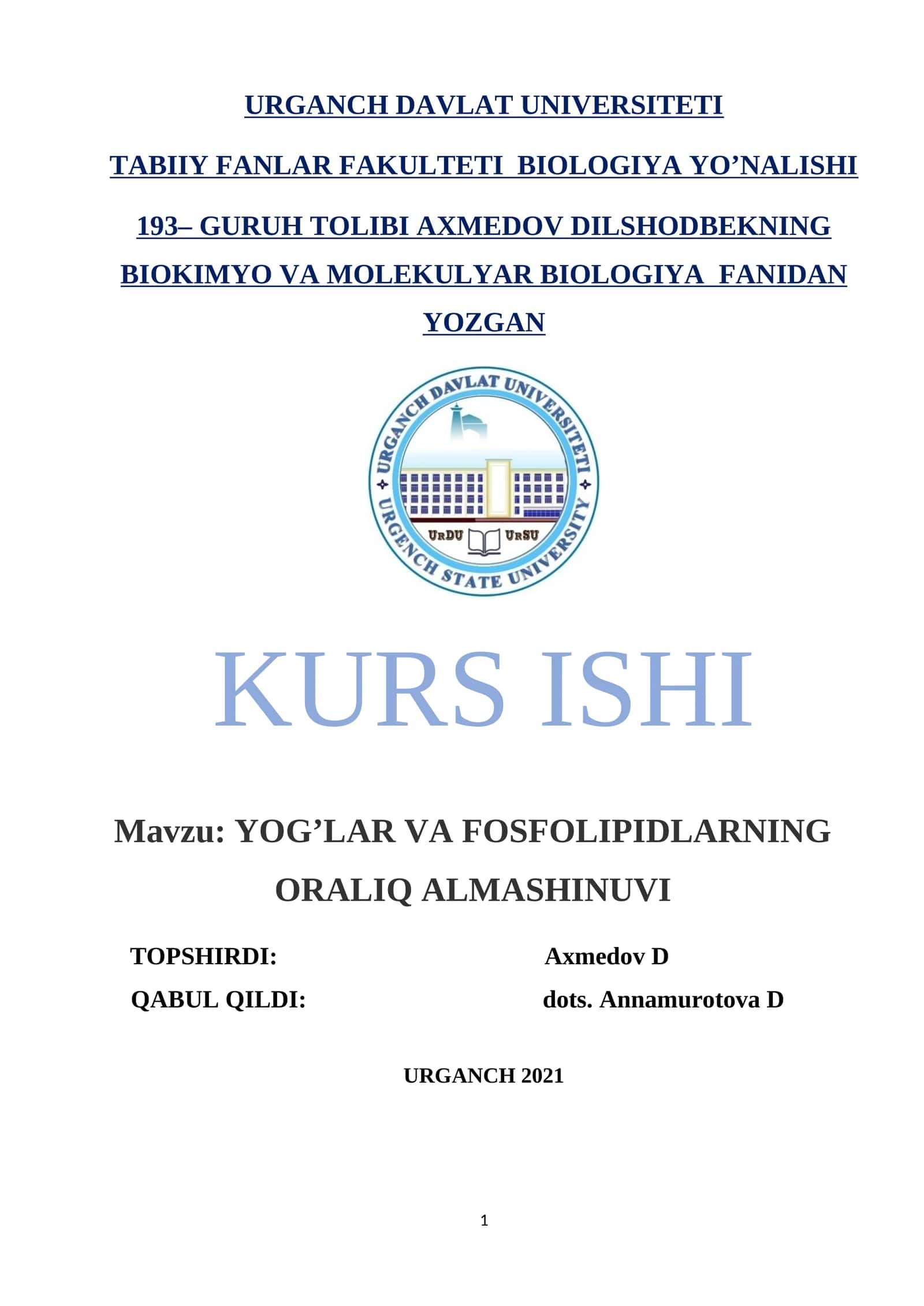 YOG’LAR VA FOSFOLIPIDLARNING ORALIQ ALMASHINUVI