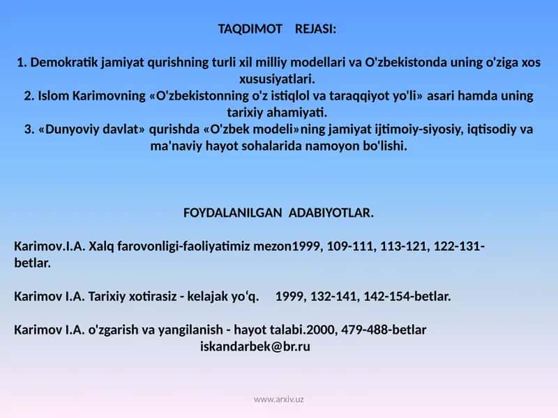 O'zbekistonning o'z istiqlol va taraqqiyot yo'li
