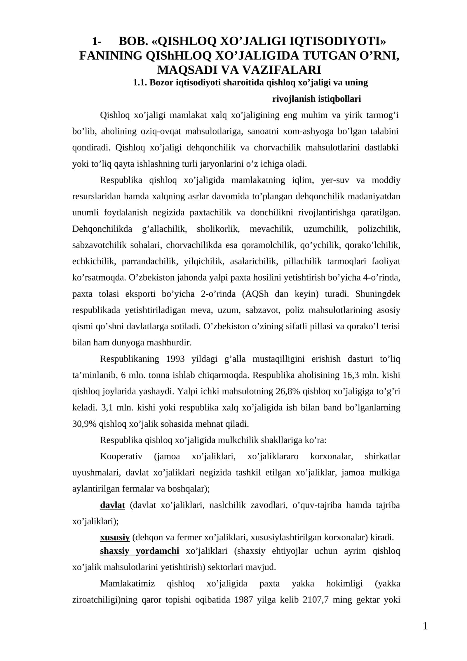 QISHLOQ XO’JALIGI IQTISODIYOTI