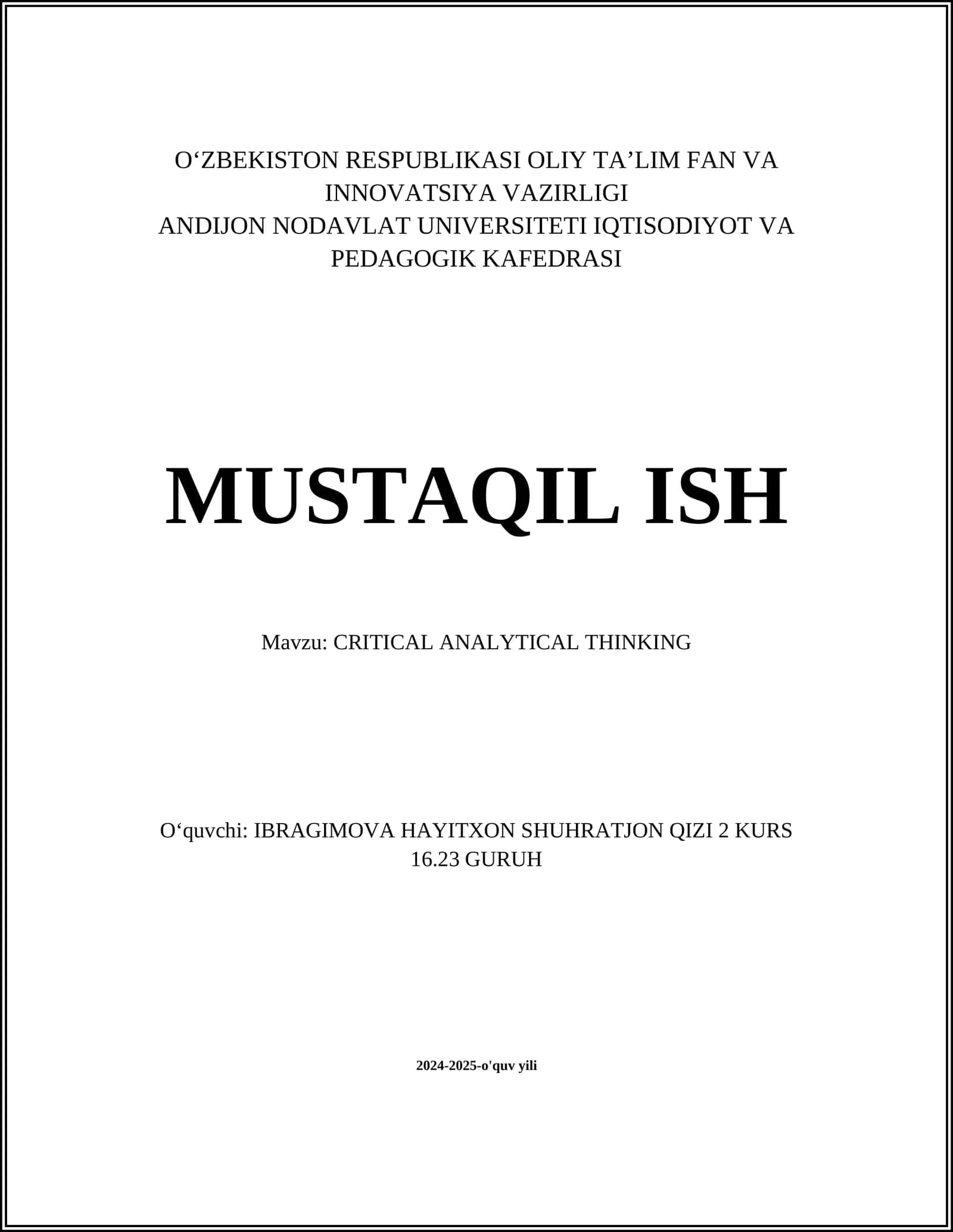 CRITICAL ANALYTICAL THINKING