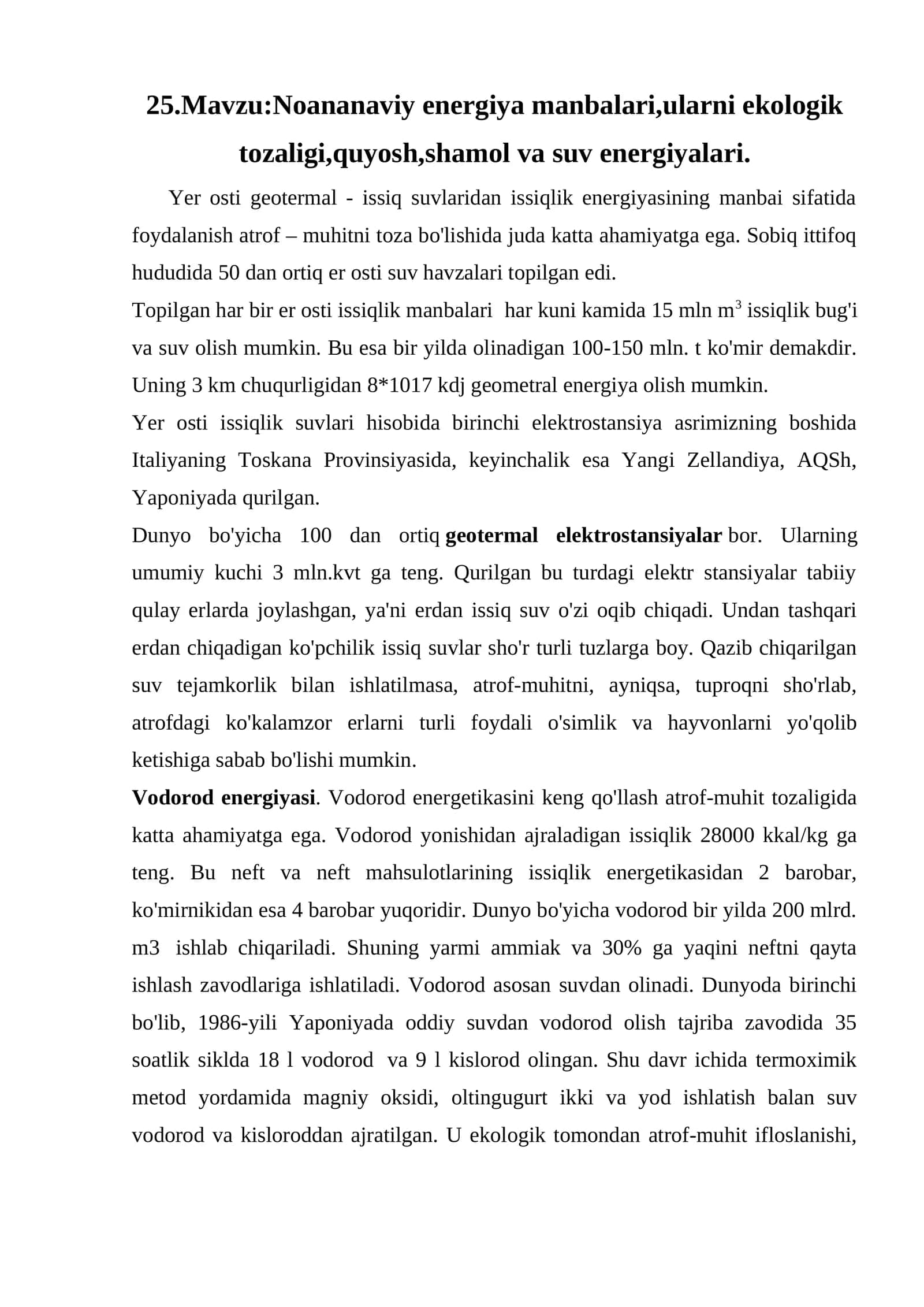 Noananaviy energiya manbalari,ularni ekologik tozaligi,quyosh,shamol va suv energiyalari