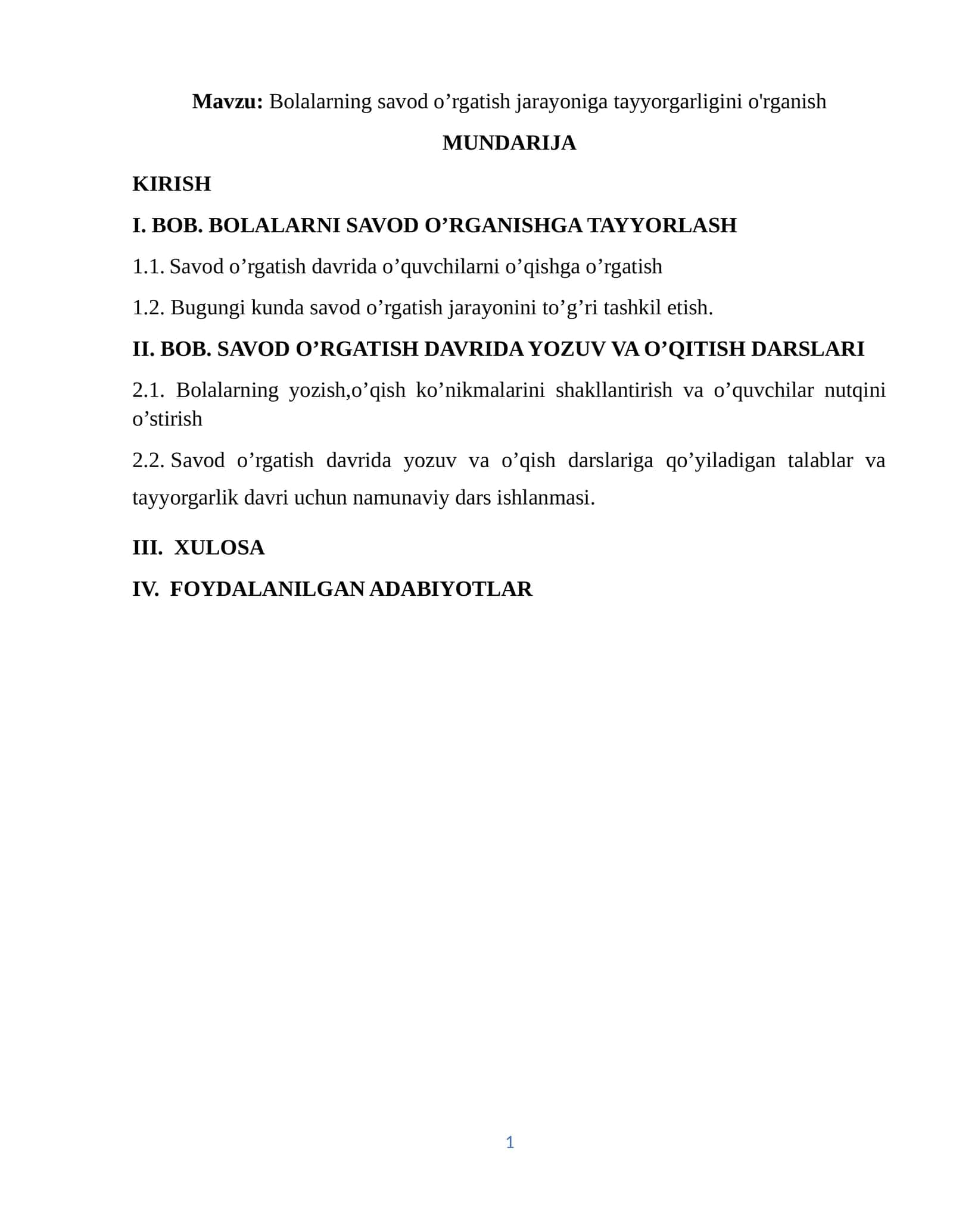 Bolalarning savod o’rgatish jarayoniga tayyorgarligini o'rganish