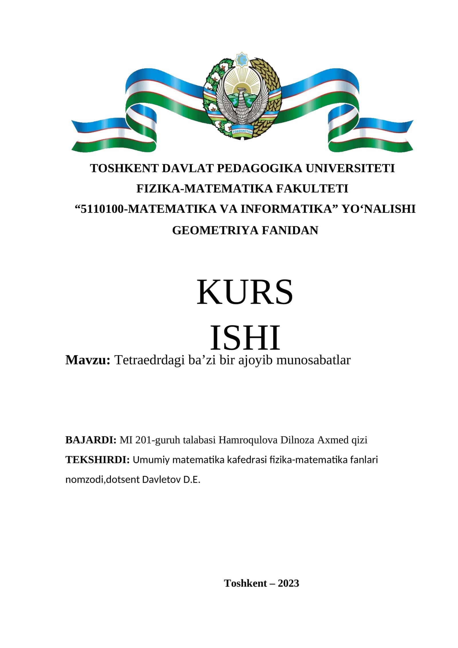 Tetraedrdagi ba’zi bir ajoyib munosabatlar