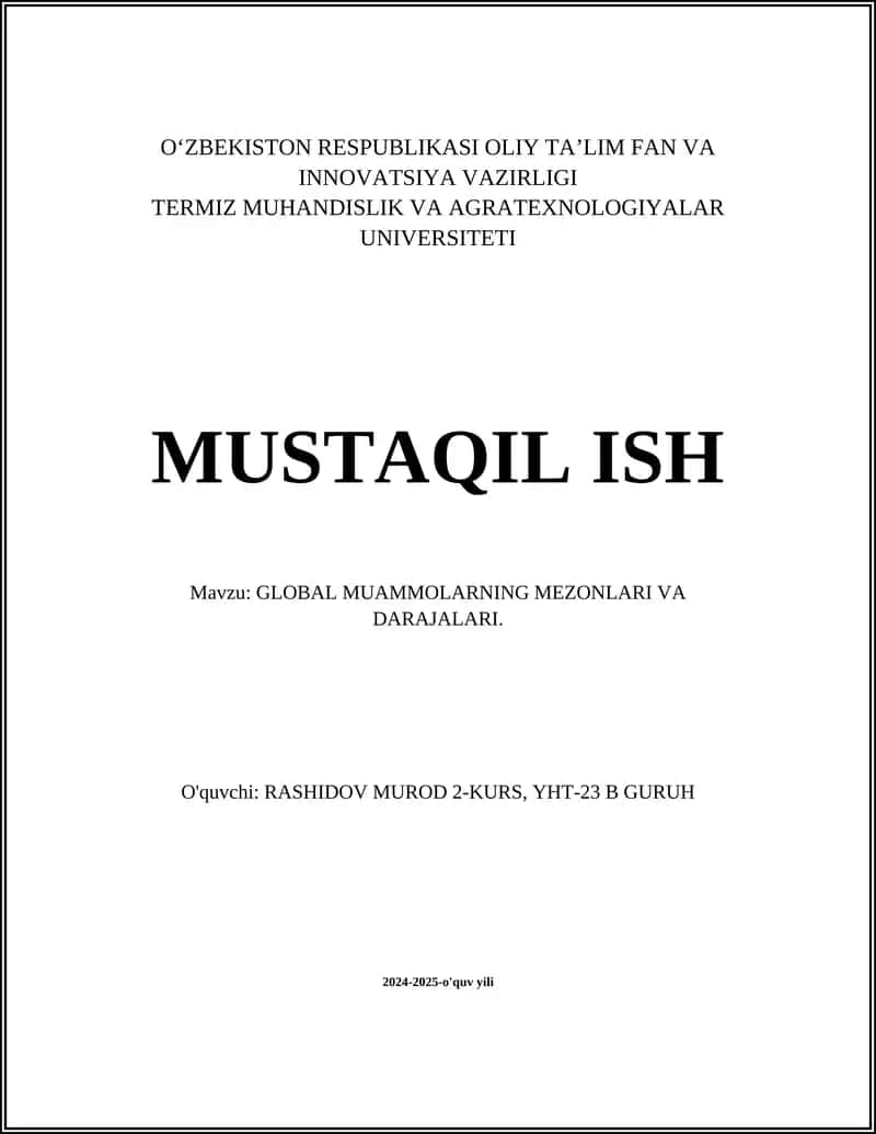GLOBAL MUAMMOLARNING MEZONLARI VA DARAJALARI