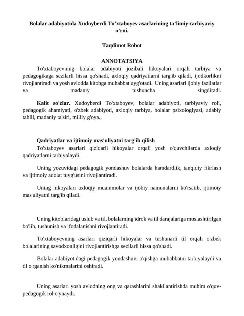 Xudoyberdi To’xtaboyev asarlarining taʼlimiy-tarbiyaviy o’rni