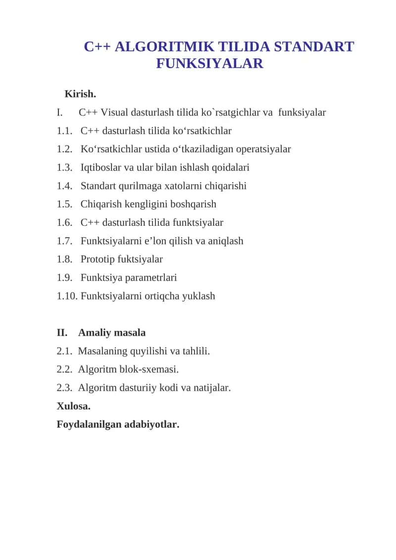 C++ ALGORITMIK TILIDA STANDART FUNKSIYALAR