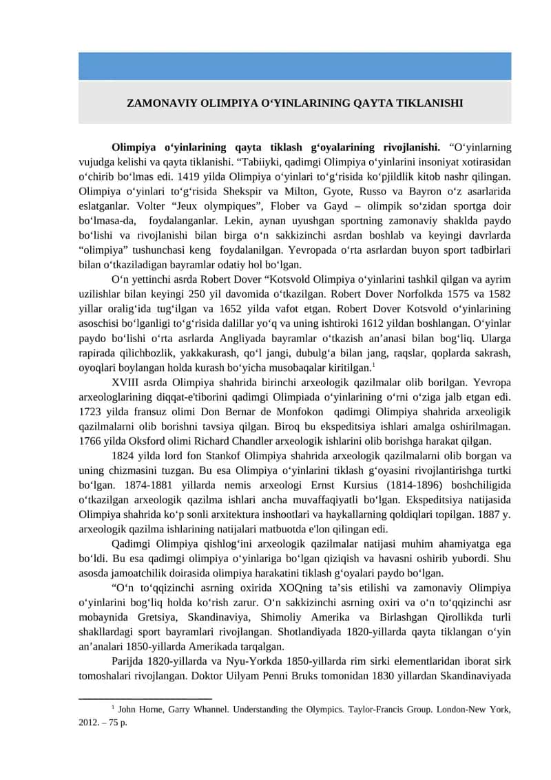 ZAMONAVIY OLIMPIYA O‘YINLARINING QAYTA TIKLANISHI