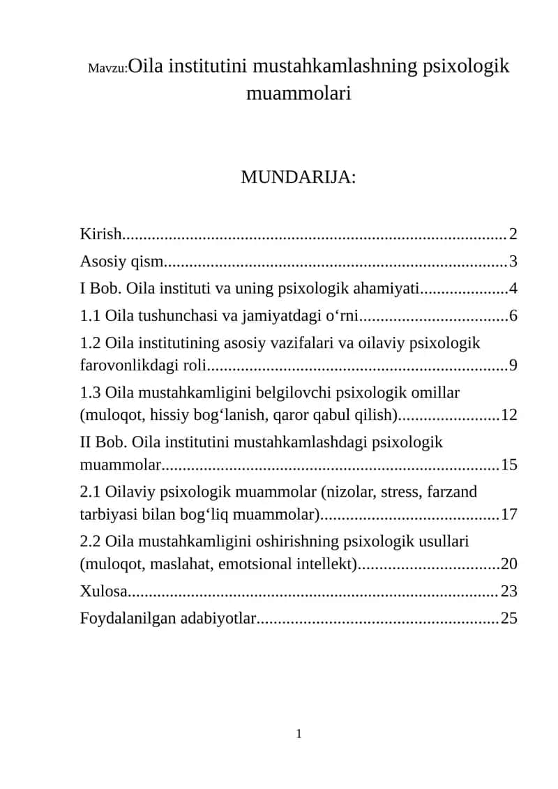 Oila institutini mustahkamlashning psixologik muammolari