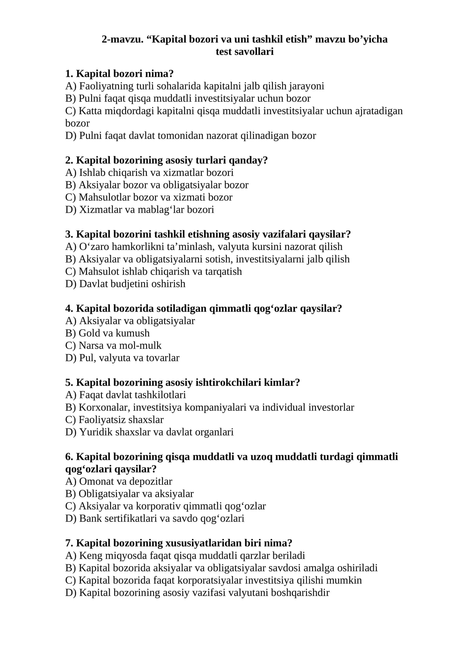 Kapital bozori va uni tashkil etish test savollari