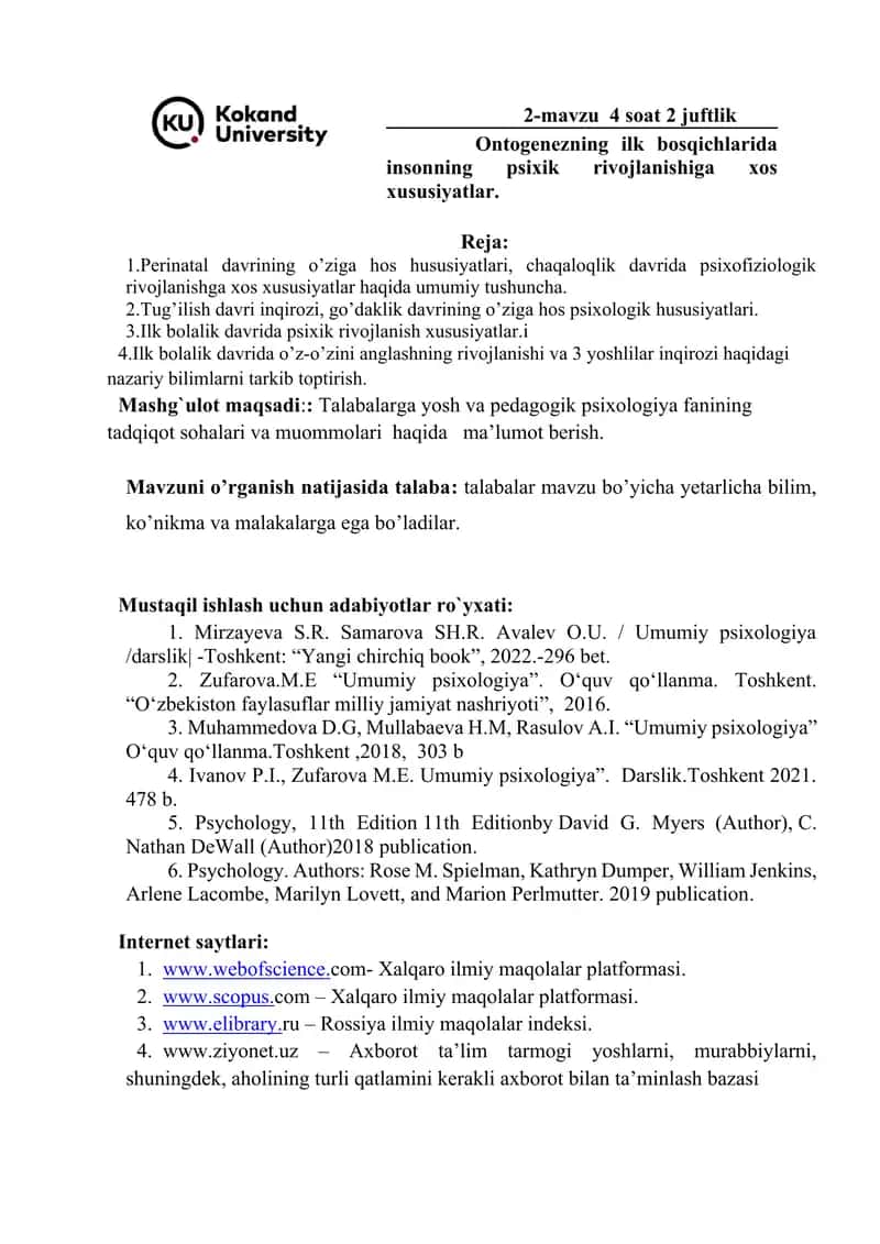 Yosh va Pedagogik Psixologiya fanidan mashg'ulotlar