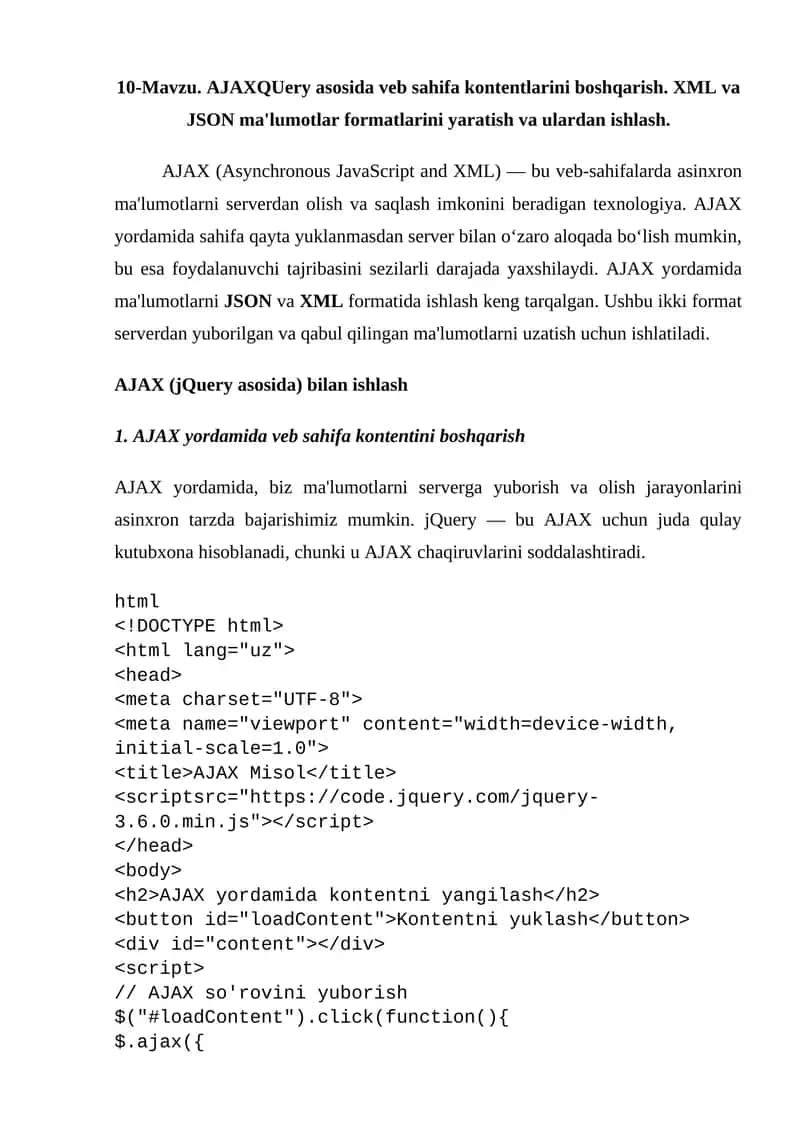 AJAXQUery asosida veb sahifa kontentlarini boshqarish