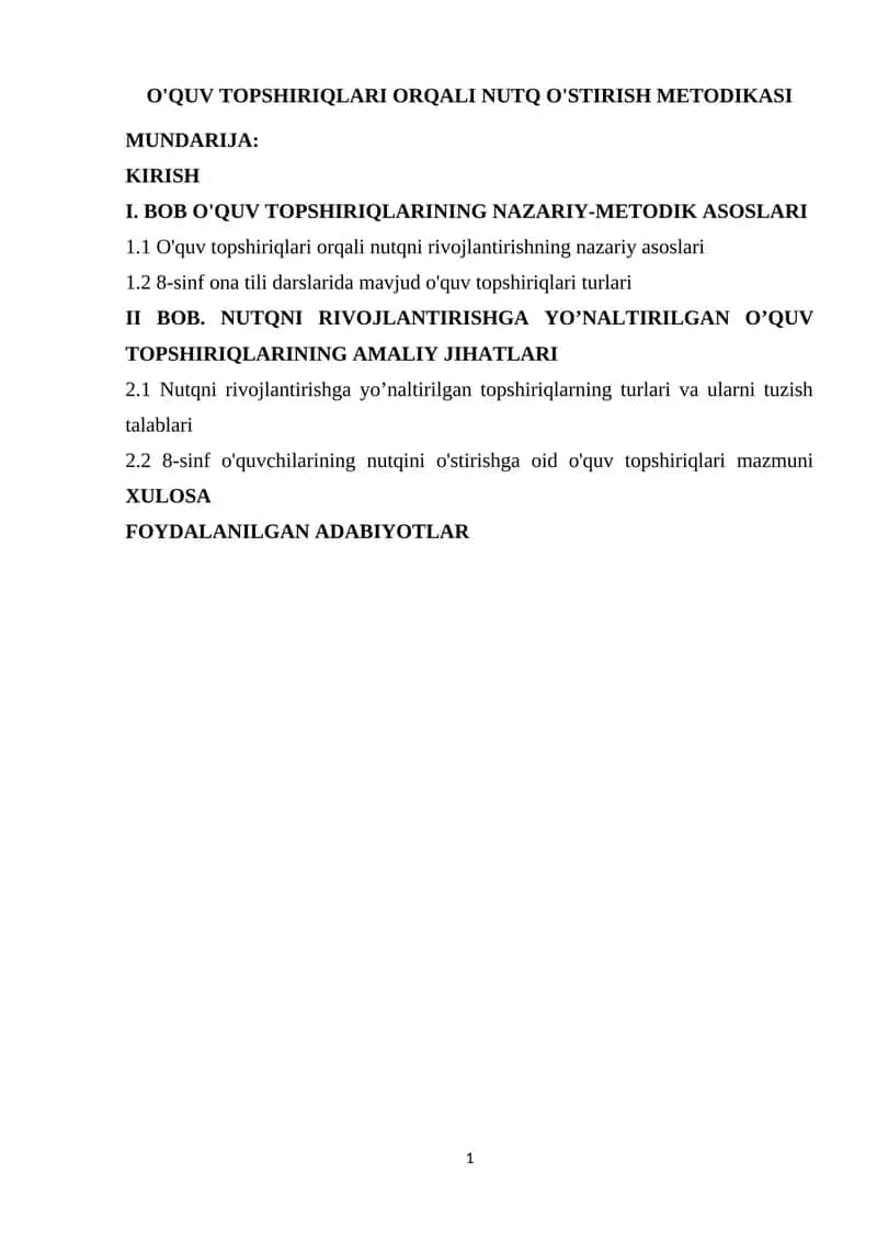 O'QUV TOPSHIRIQLARI ORQALI NUTQ O'STIRISH METODIKASI