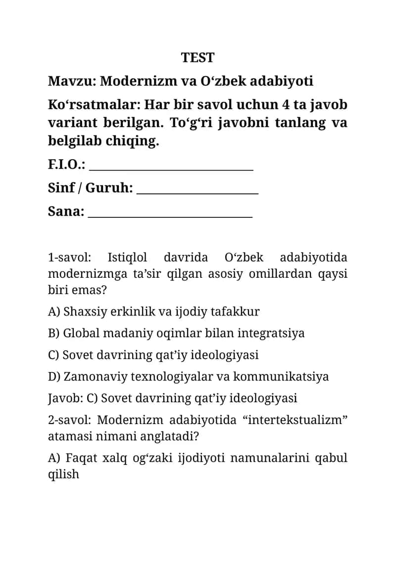 Modernizm va O‘zbek adabiyoti