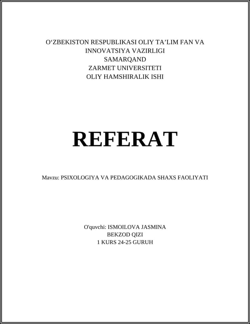 PSIXOLOGIYA VA PEDAGOGIKADA SHAXS FAOLIYATI